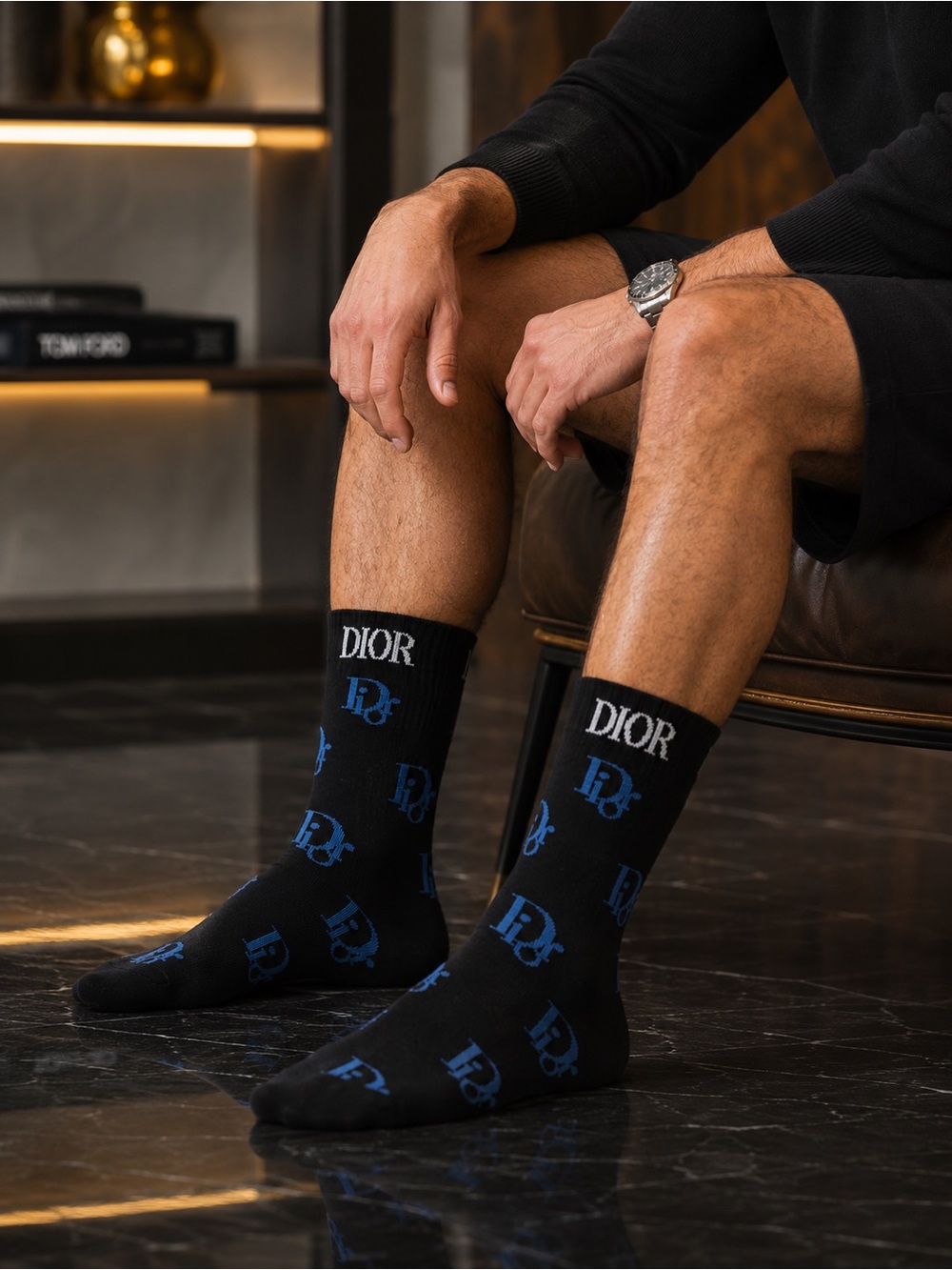 Dior Black Crew Socks with Blue Logo Pattern